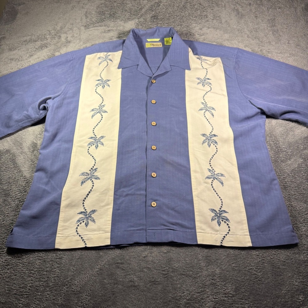 Cubavera Mens XLT Blue Embroidered Palm Tree Camp Shirt Rayon Blend Short Sleeve